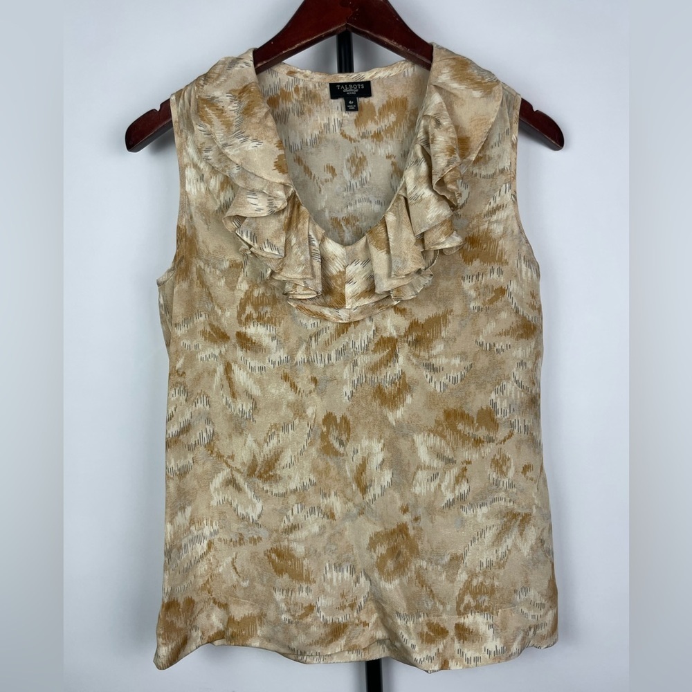 Talbots Tan Abstract Print Sleeveless Satin‎ 100% Silk Ruffle Neckline Blouse
